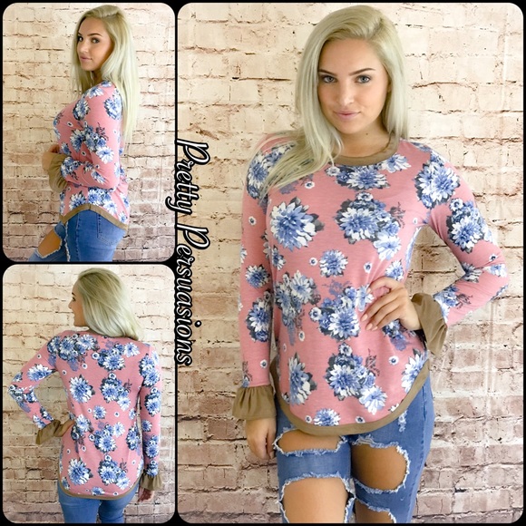 NWT Mauve Floral Print Suede Trim Ruffle Slv Top - Picture 8 of 8