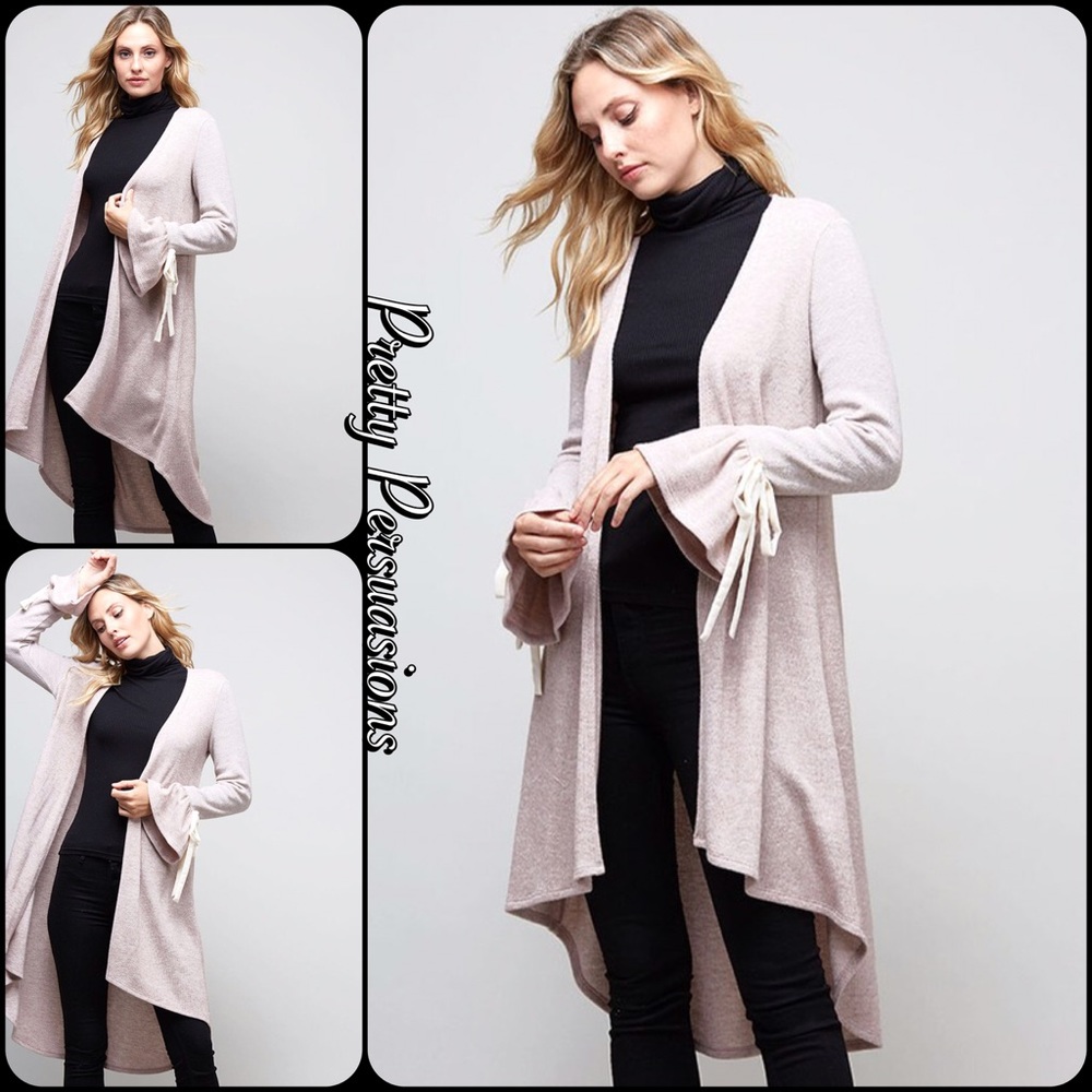 Light Mocha Ruffle Bell Sleeve Open Front Cardigan - Picture 2 of 4