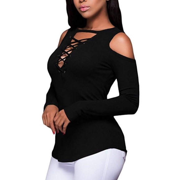 🆕 Lace-Up Cold Shoulder Blouse - Picture 3 of 3