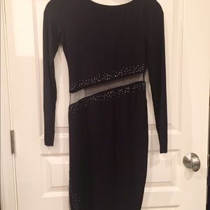 Black long sleeve knit dress with mesh panel