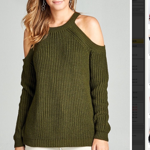 Olive Cold Shoulder Cable Knit Sweater - Picture 2 of 6