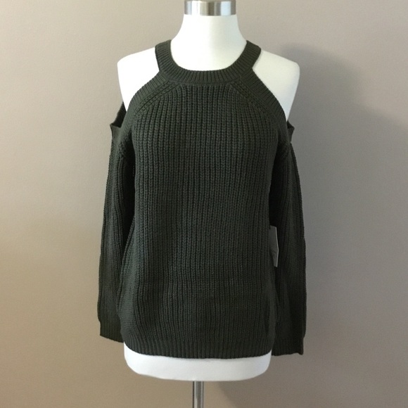 Olive Cold Shoulder Cable Knit Sweater - Picture 4 of 6