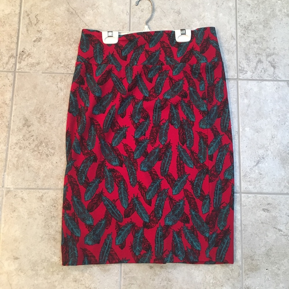 Lula Roe Cassie--teal and red feathers skirt