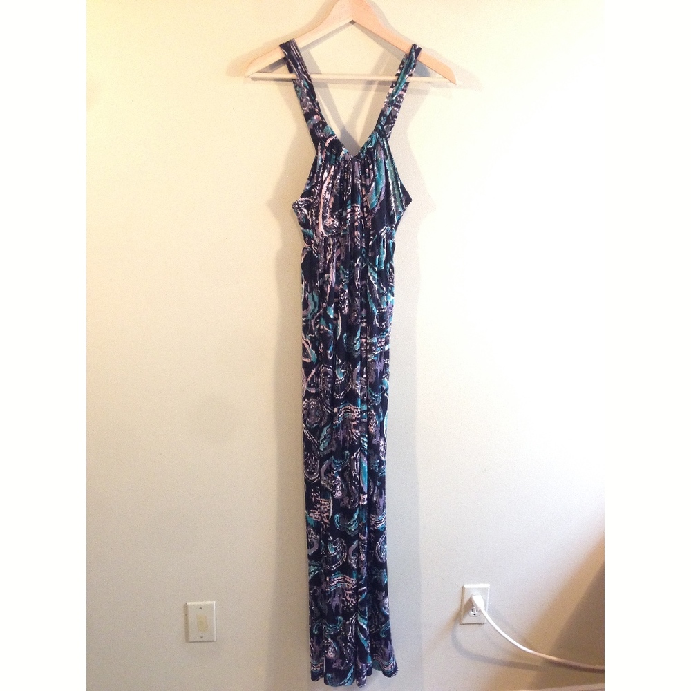 Elle Maxi Goddess Halter Dress Black Paisley with Purple & Teal XS Beach Cruise
