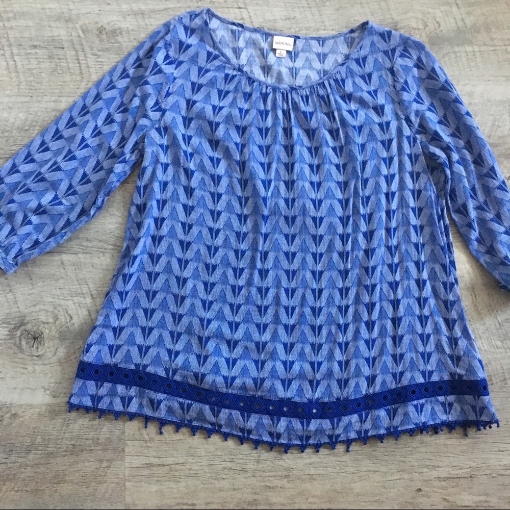 MERONA Blue Tunic Top with Crochet Trim - Large