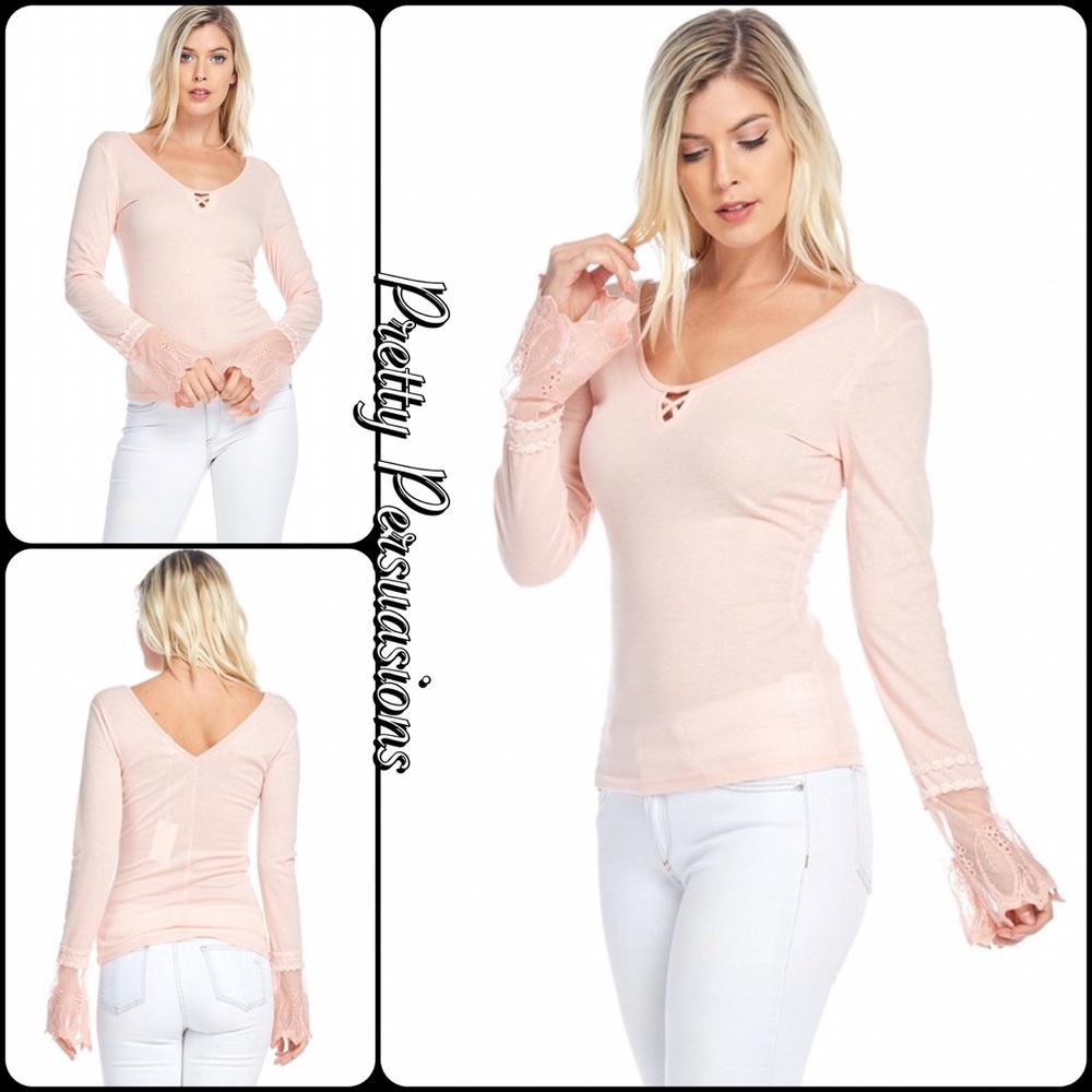 Blush Pink Bell Sleeve Lace Cuff Fitted Top - Picture 2 of 7