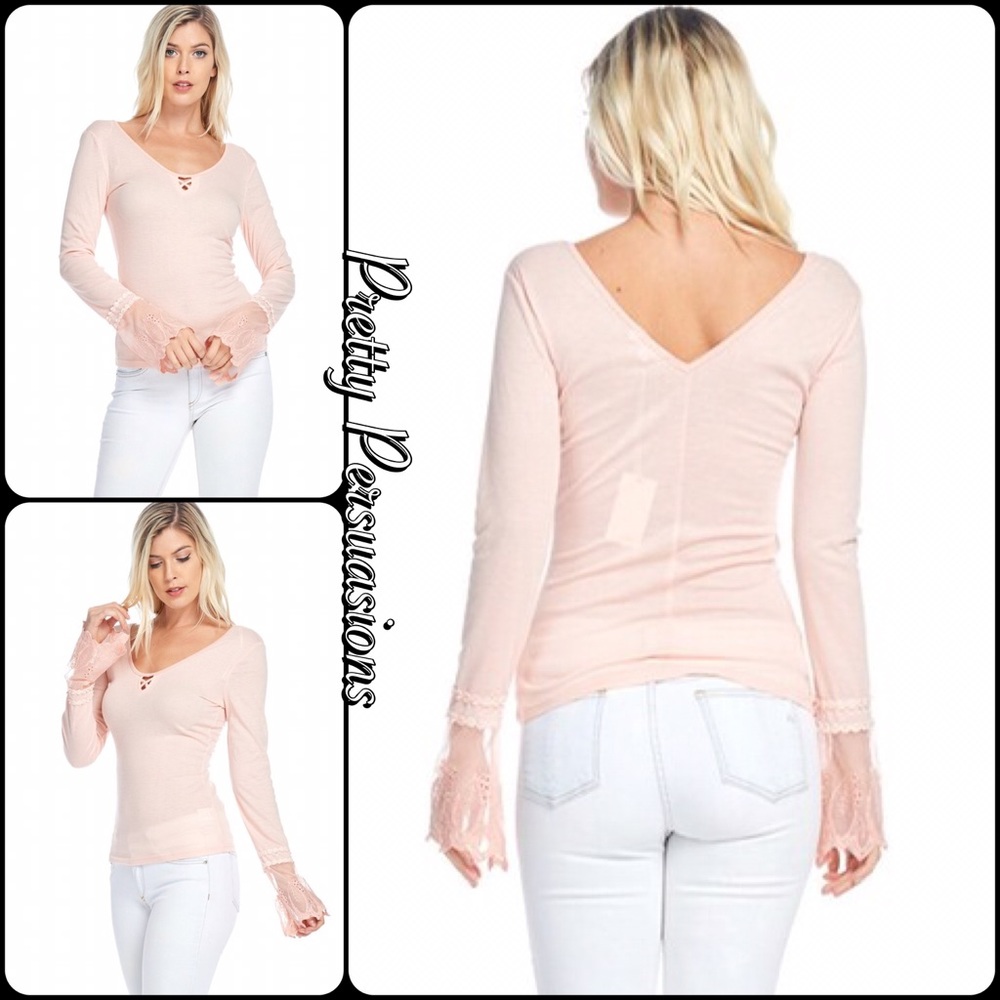 Blush Pink Bell Sleeve Lace Cuff Fitted Top - Picture 3 of 7