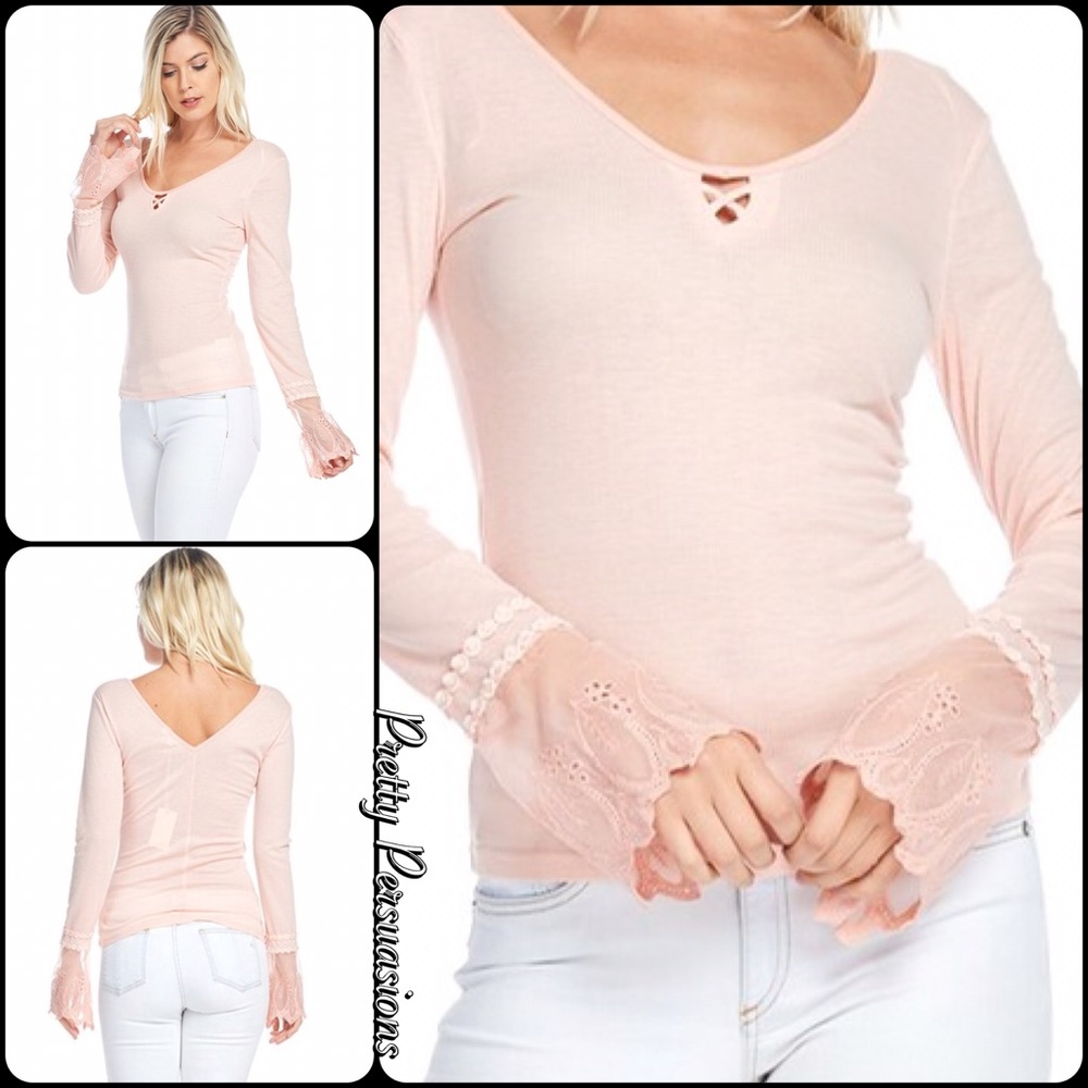 Blush Pink Bell Sleeve Lace Cuff Fitted Top - Picture 4 of 7