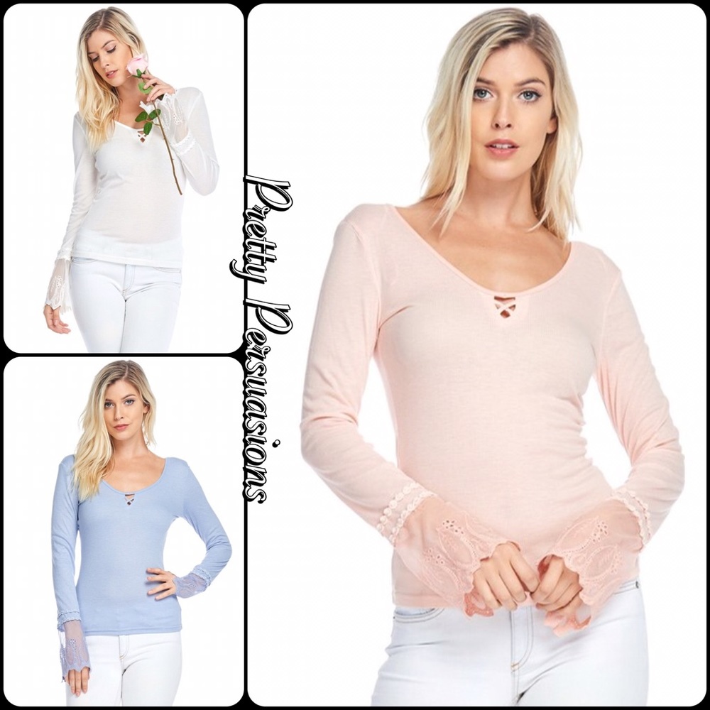 Blush Pink Bell Sleeve Lace Cuff Fitted Top - Picture 5 of 7