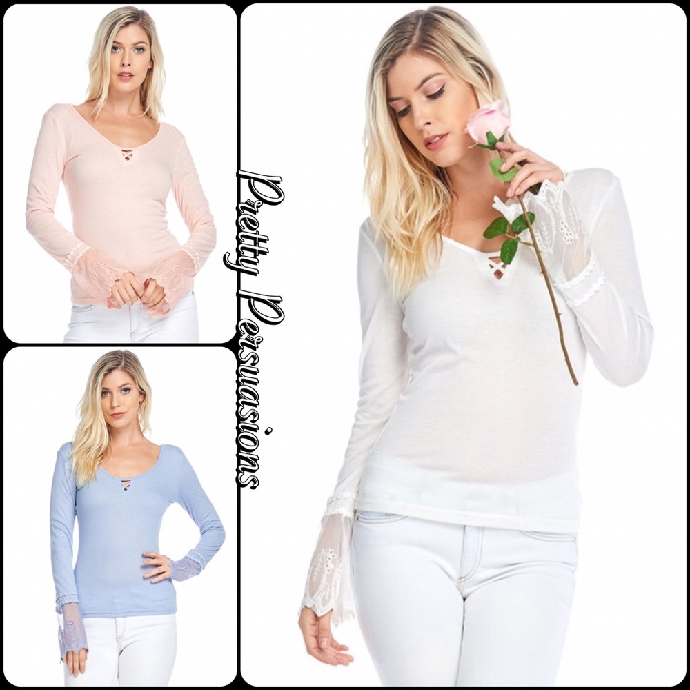 Blush Pink Bell Sleeve Lace Cuff Fitted Top - Picture 6 of 7