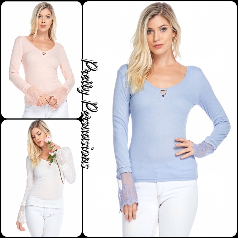 Blush Pink Bell Sleeve Lace Cuff Fitted Top - Picture 7 of 7