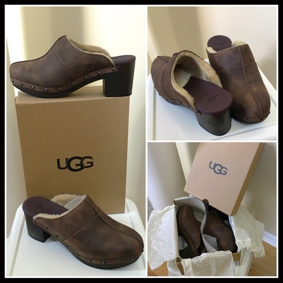 UGG AUSTRALIA LEATHER & SHEARLING LINED CLOGS - Picture 5 of 7