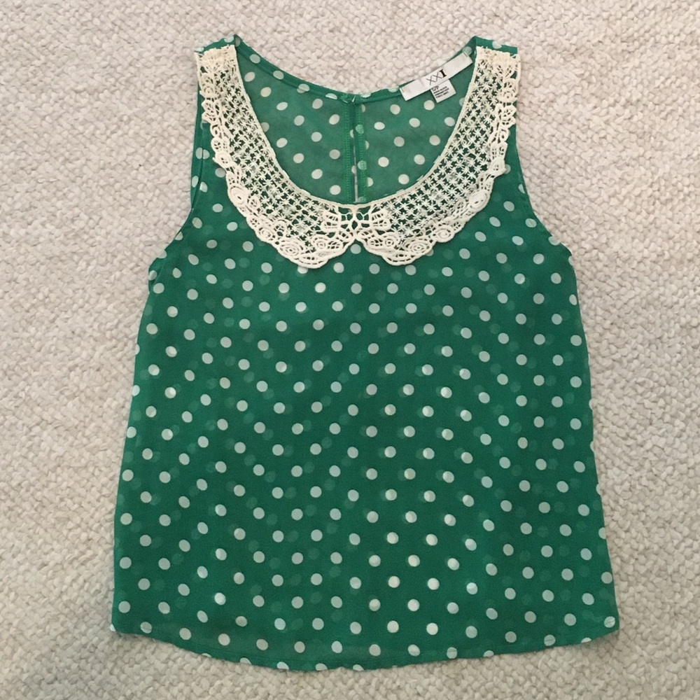 Forever 21 Green Polka Dot Blouse with Lace Collar