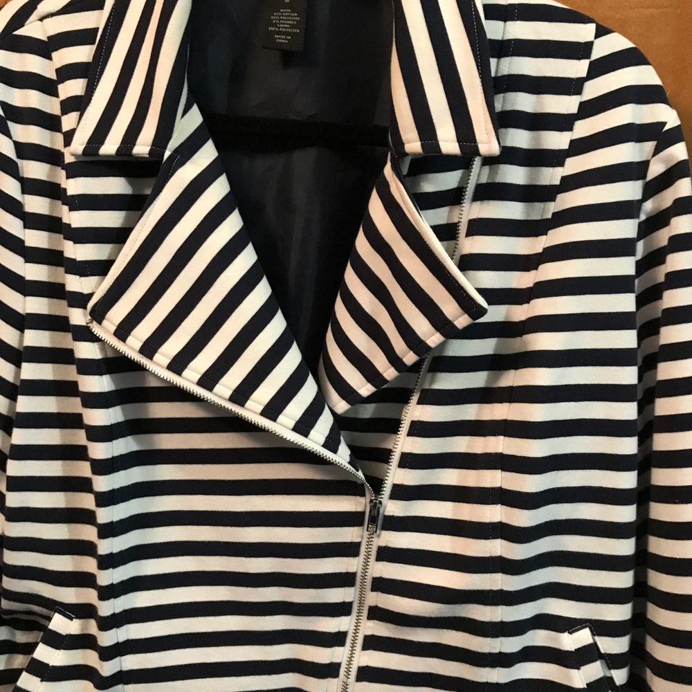 Navy blue striped asymmetrical zipper jacket