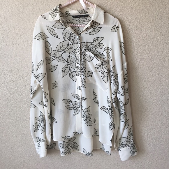 Zara Tops Zara High Low Cream Leaf Print Blouse Poshmark