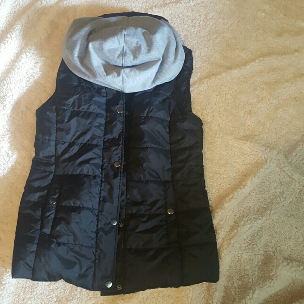 Sold! New, black puffer vest with sweatshirt hood