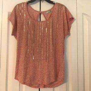 Heathered Orange Sequin-decorated Short Sleeve Top