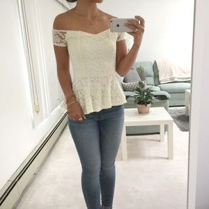Cream lace off the shoulder peplum top