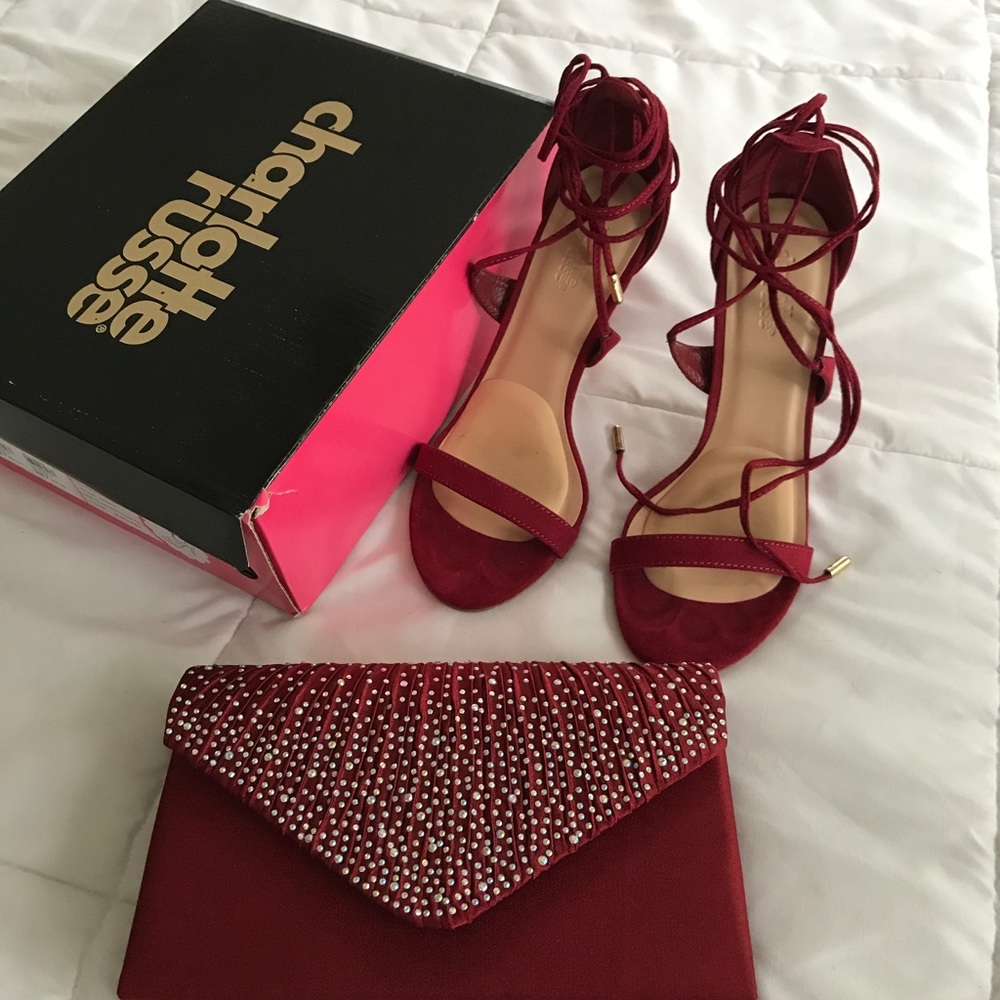 Burgundy lace up heels and matching clutch