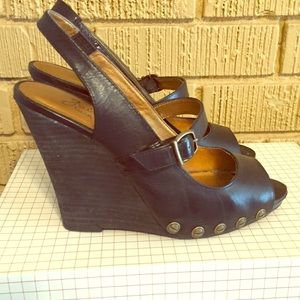 Zodiac black leather wedges