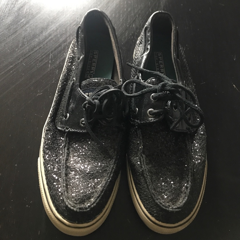 Black sequin Sperry Topsider boat shoes 6.5