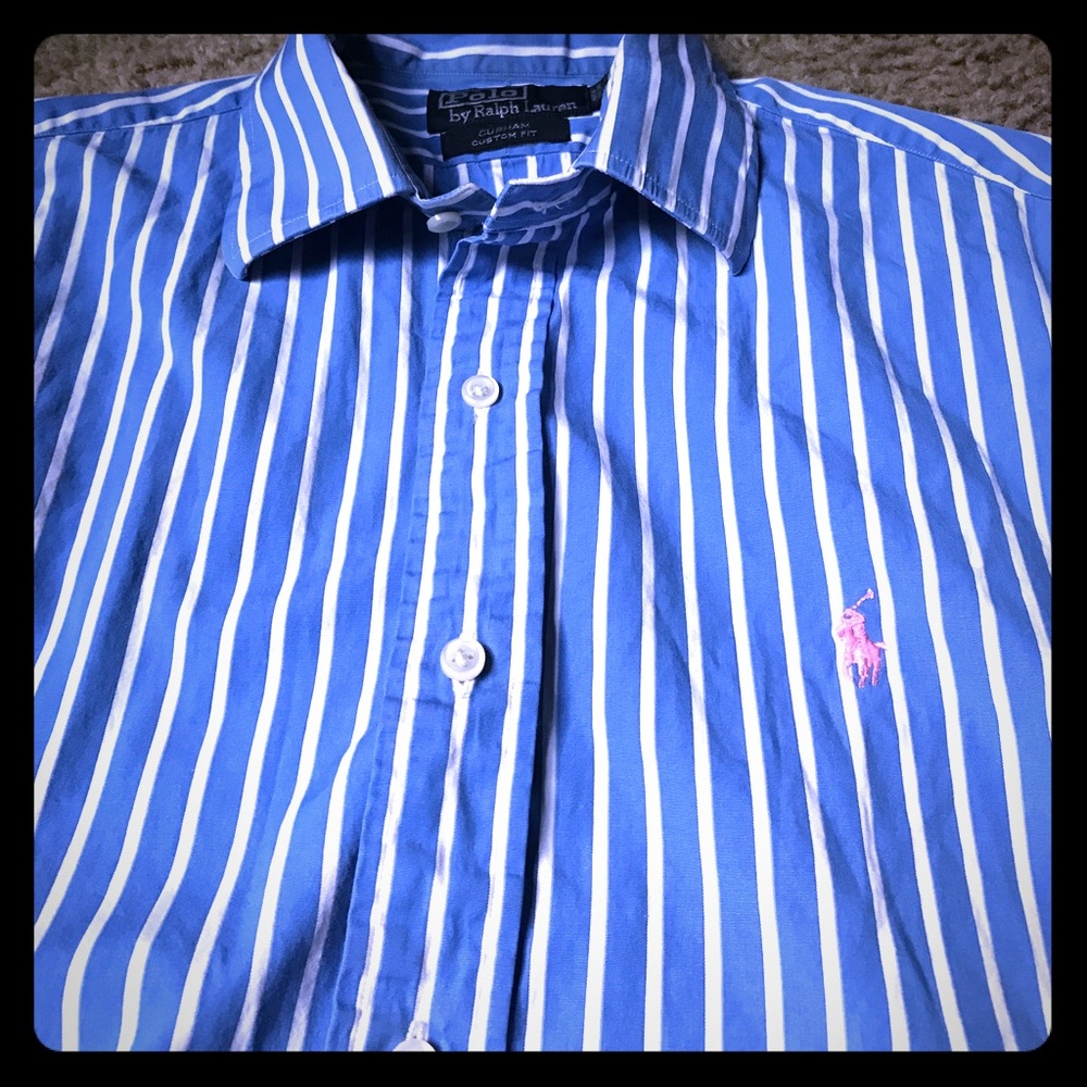 Blue/white striped polo long sleeve button down