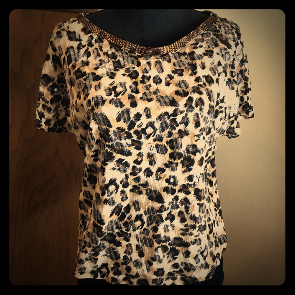 INC beaded cheetah print tee