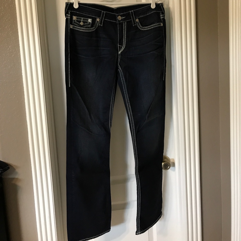 True religion slim straight dark wash jeans.
