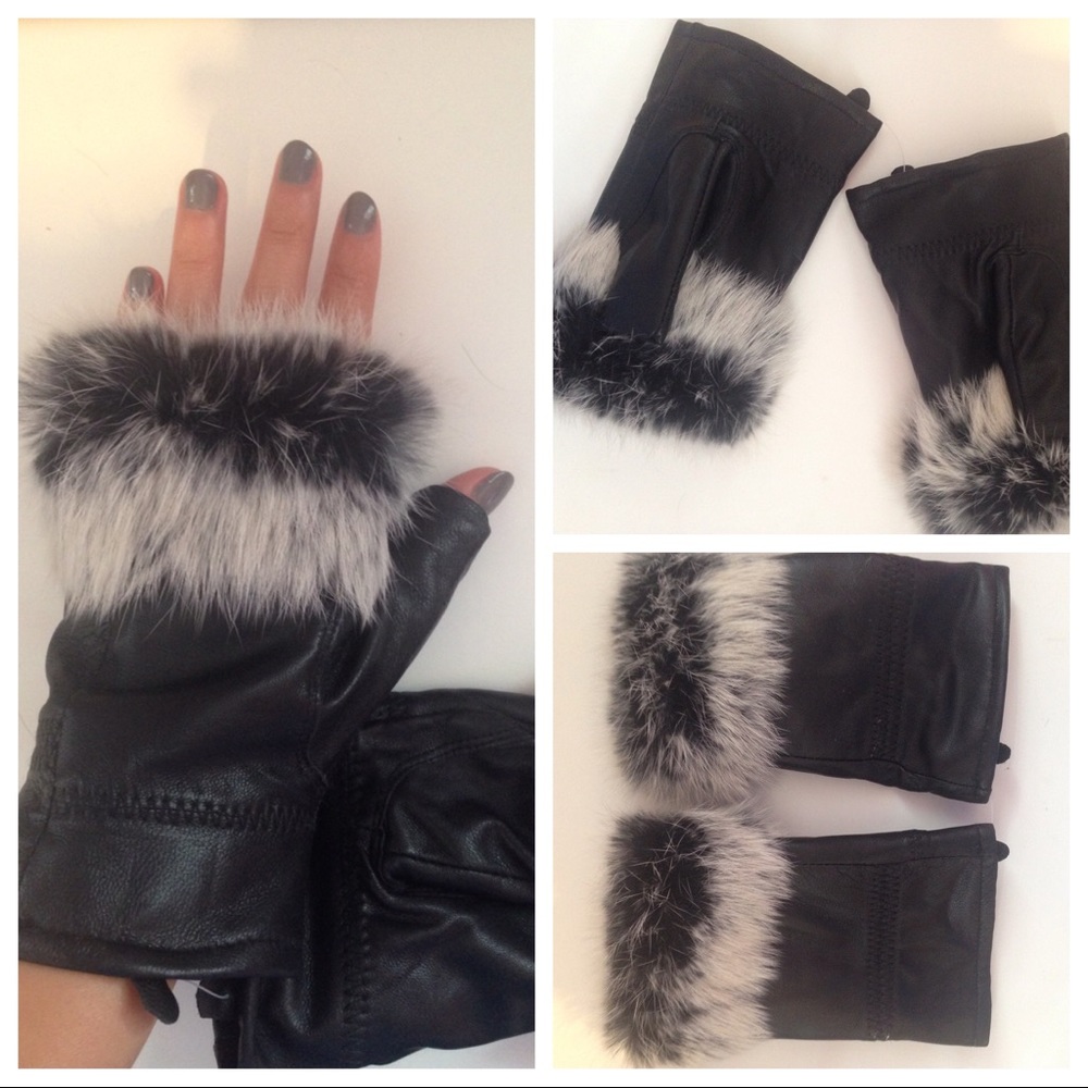 Black Vegan Leather and Fur Gloves