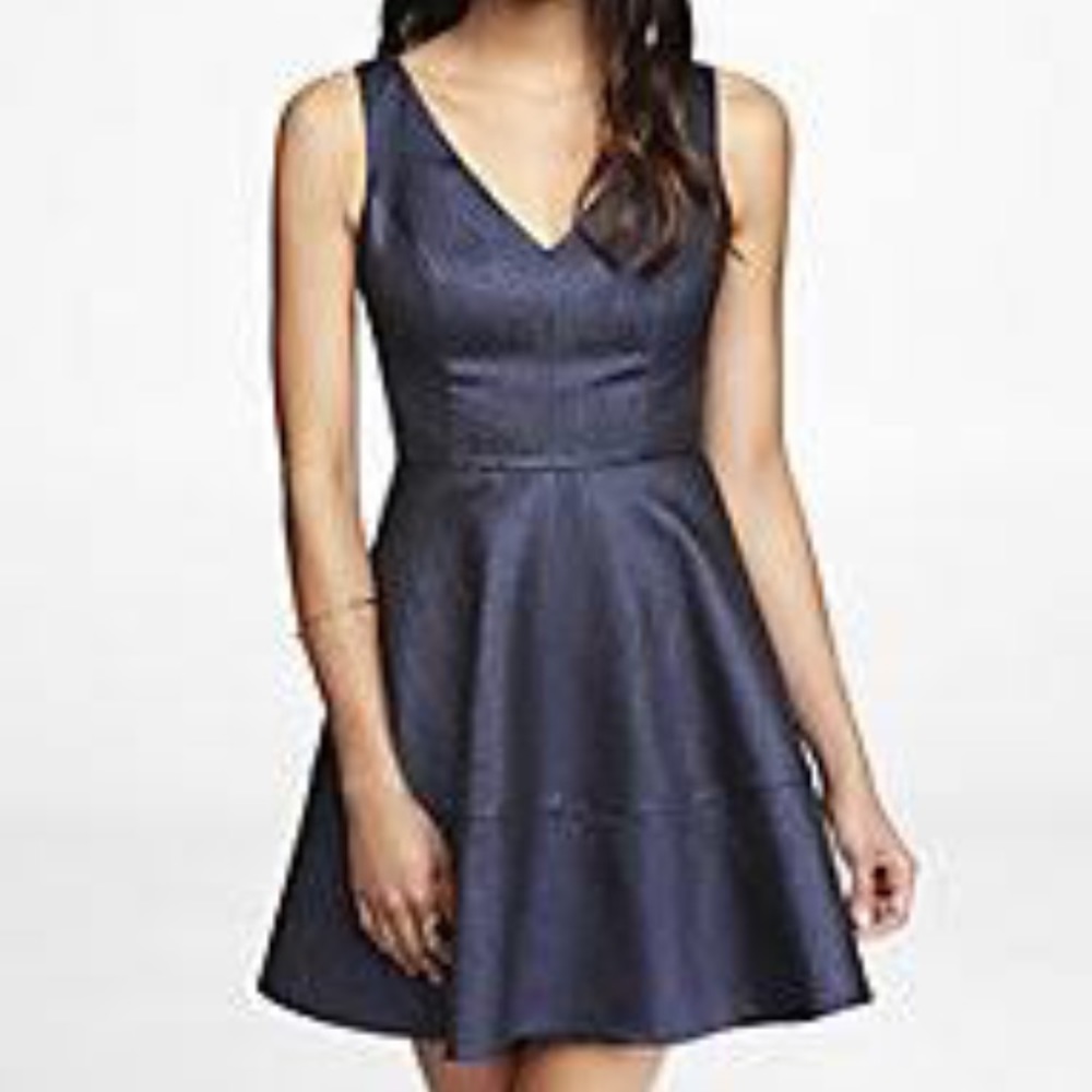 Express Metallic Fit and Flare Blue Sparkle Dress