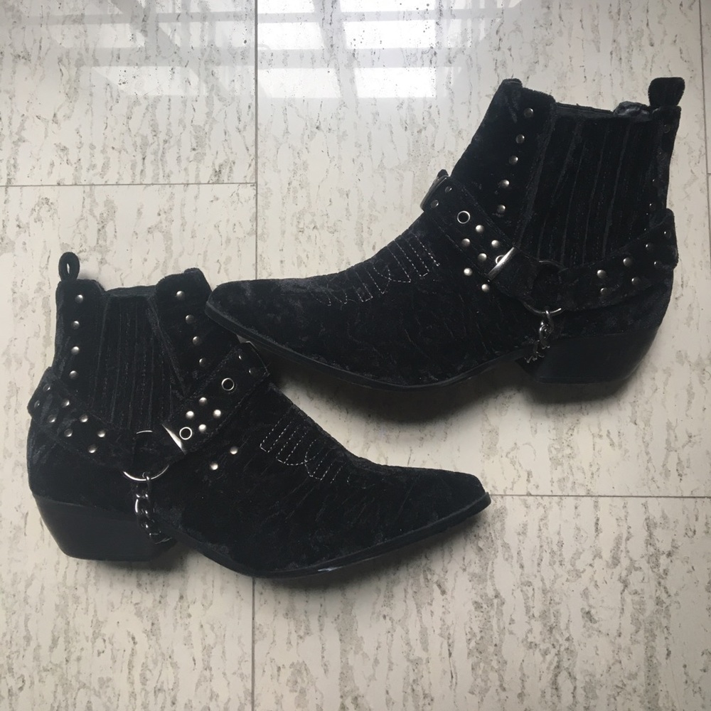Black velvet moto boots with harness