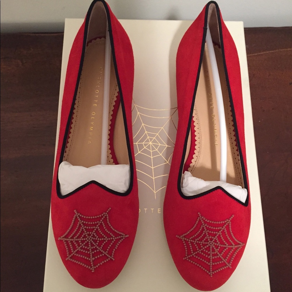 Charlotte Olympia Red Suede Charlotte's Web Flats