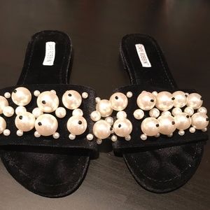 Pearl Detail and Velvet Sandals