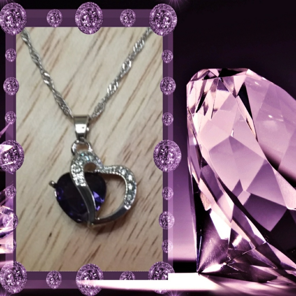 Purple crystal rhinestone heart necklace - Picture 1 of 4