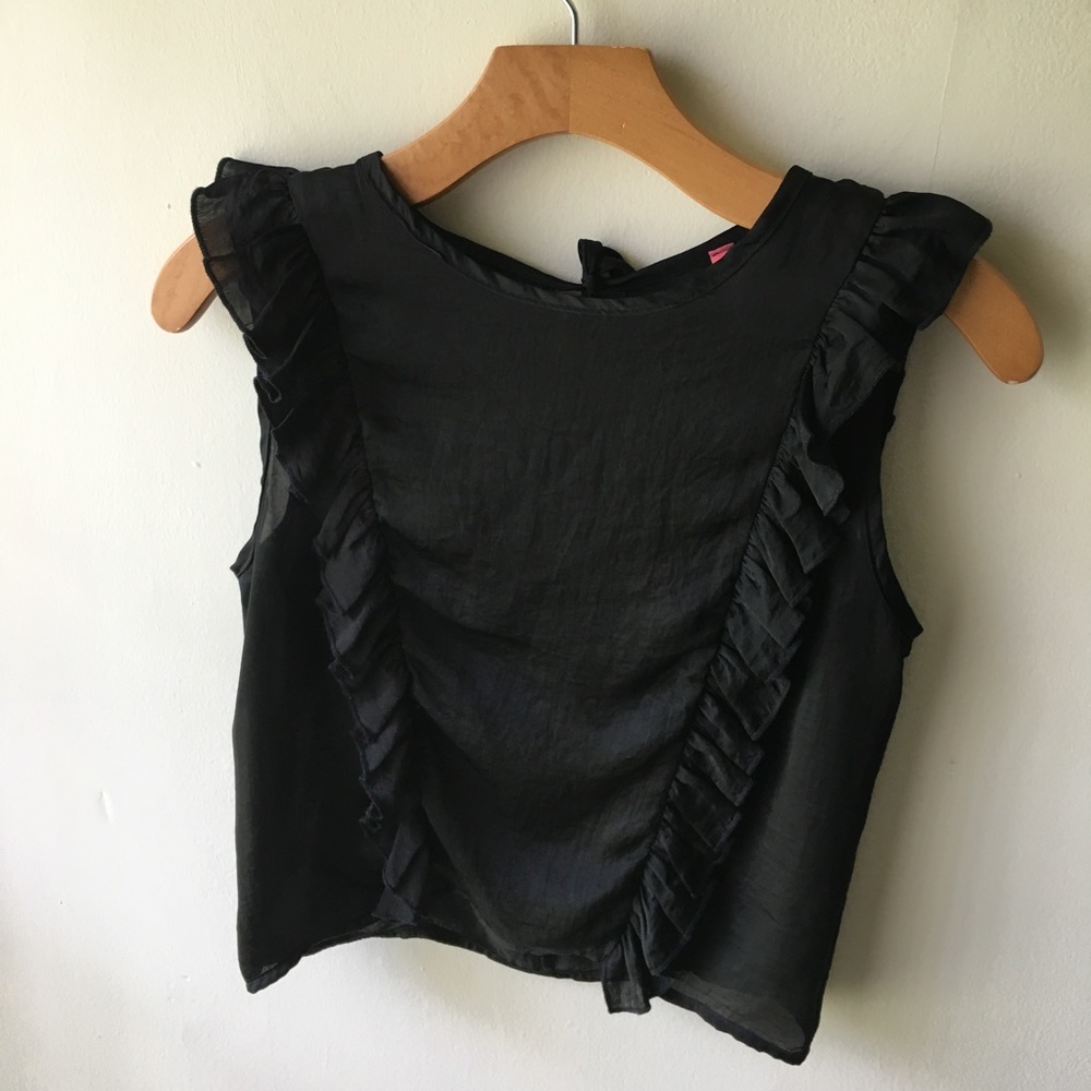 Keyhole Tie Back Black Ruffle Crop