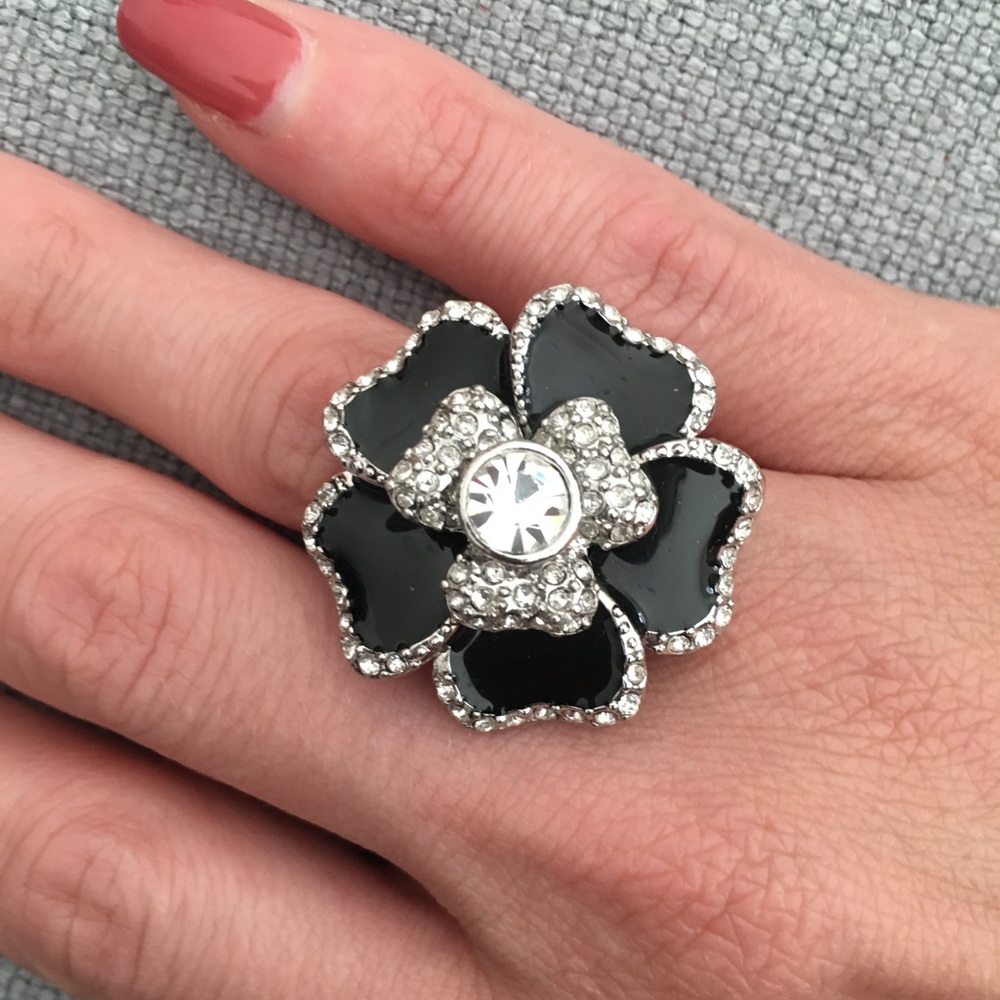 Lia Sophia Black Flower Rhinestone Statement Ring