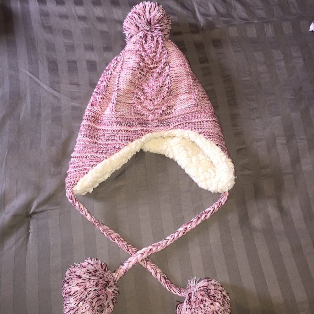 Pink Winter Hat, fleece inside with tassels.