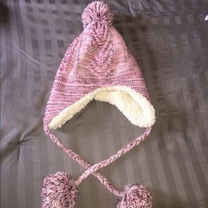 Pink Winter Hat, fleece inside with tassels.