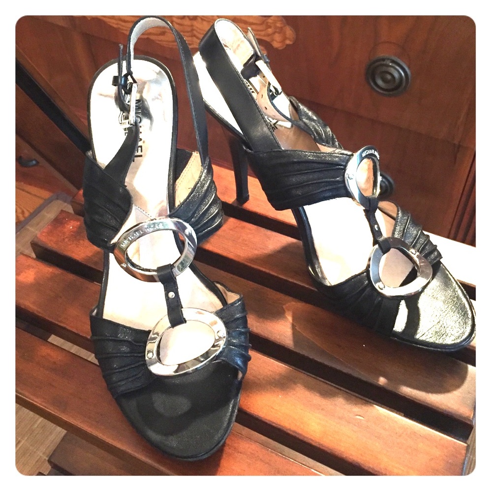 Black leather high heel sandals, silver hardware