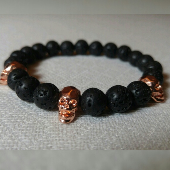 ⭐Skull Lava Bead Stretch Bracelet Rose Gold - Picture 3 of 7