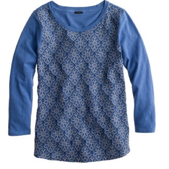 J. Crew Tops - J Crew 3/4 Sleeve Blue Embroidered Tee