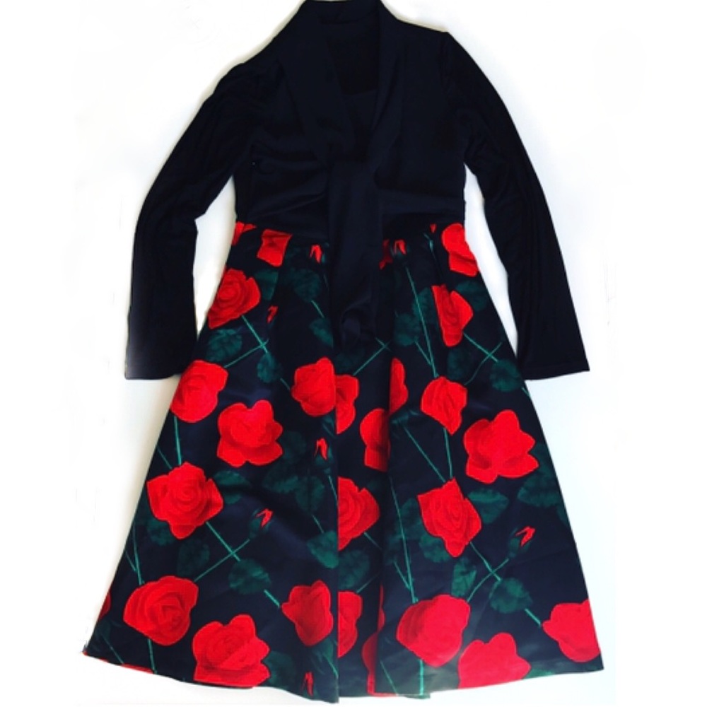🌹 Roses Cocktail Dress Jacquard Midi Long sleeve