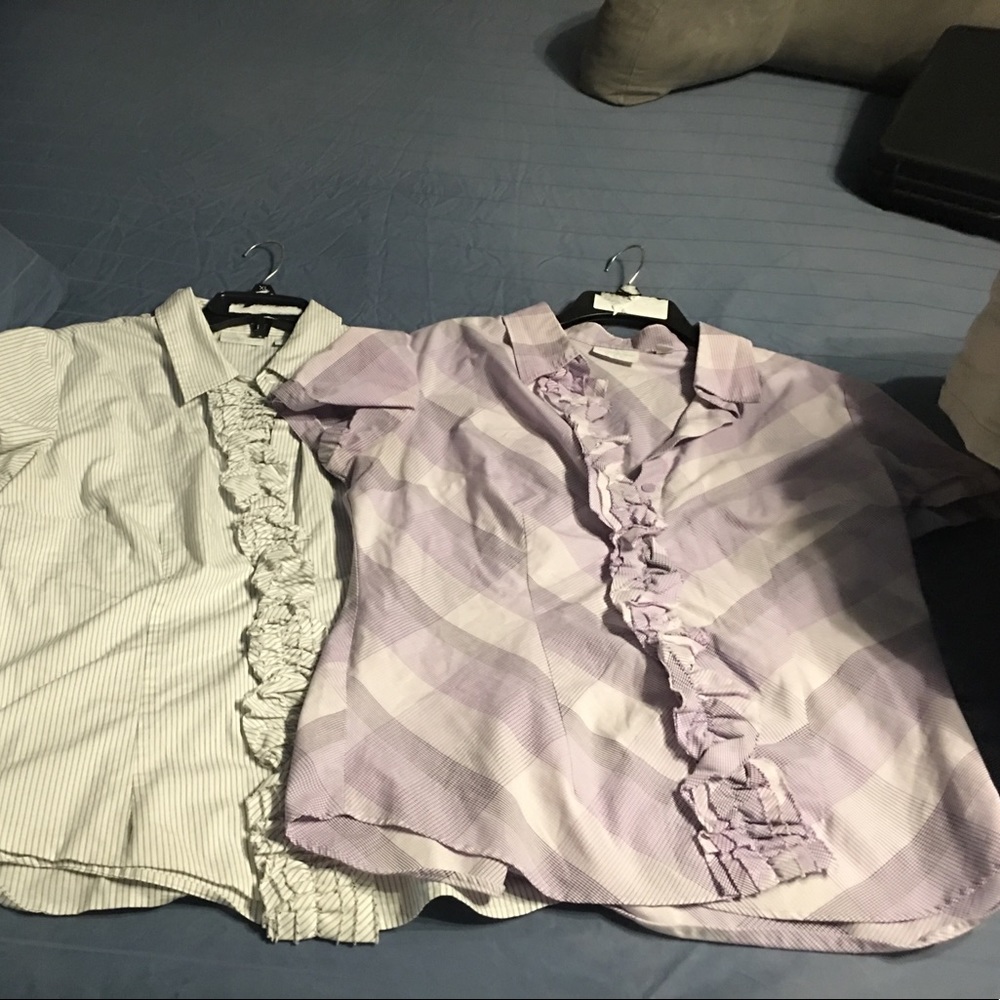 Two short sleeve blouse with ruffles purple silver