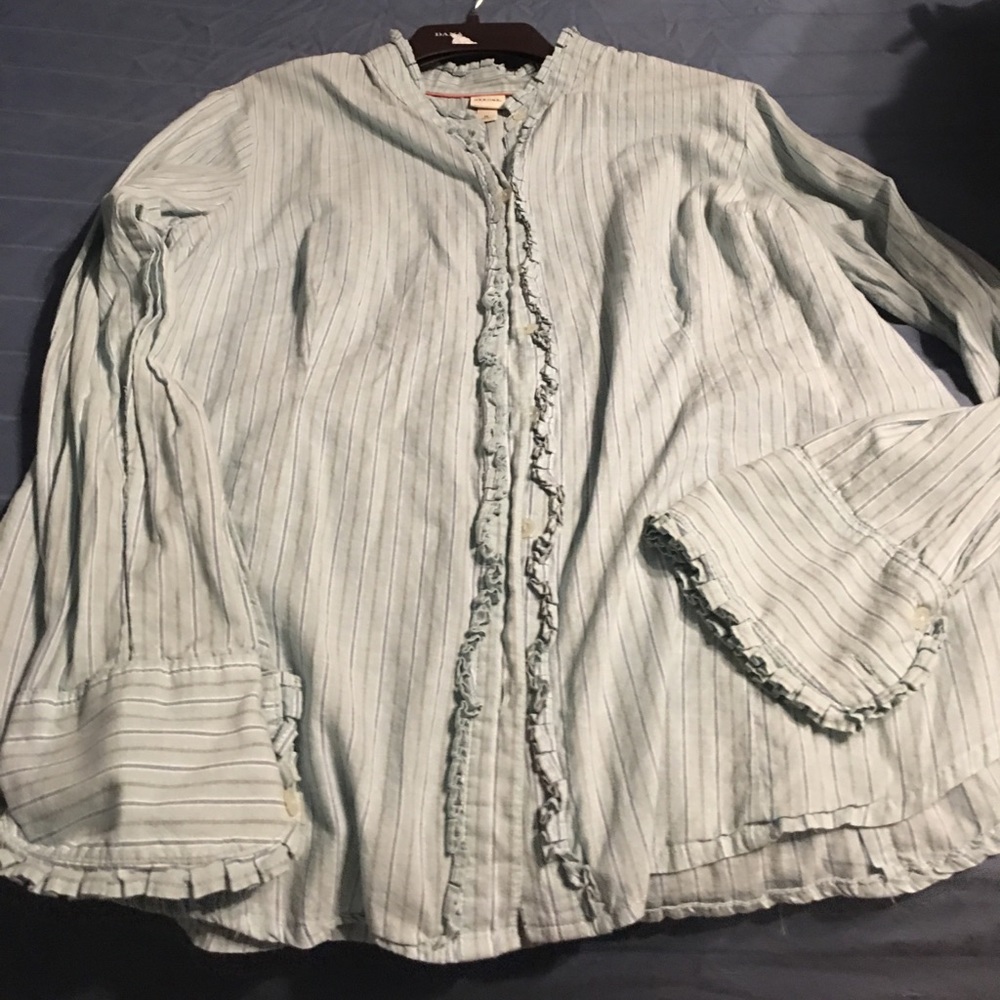 Teal blue silver ruffle long sleeve blouse