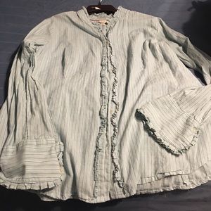 Teal blue silver ruffle long sleeve blouse