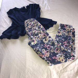 Justice skinny pants & blue ruffle bottom top