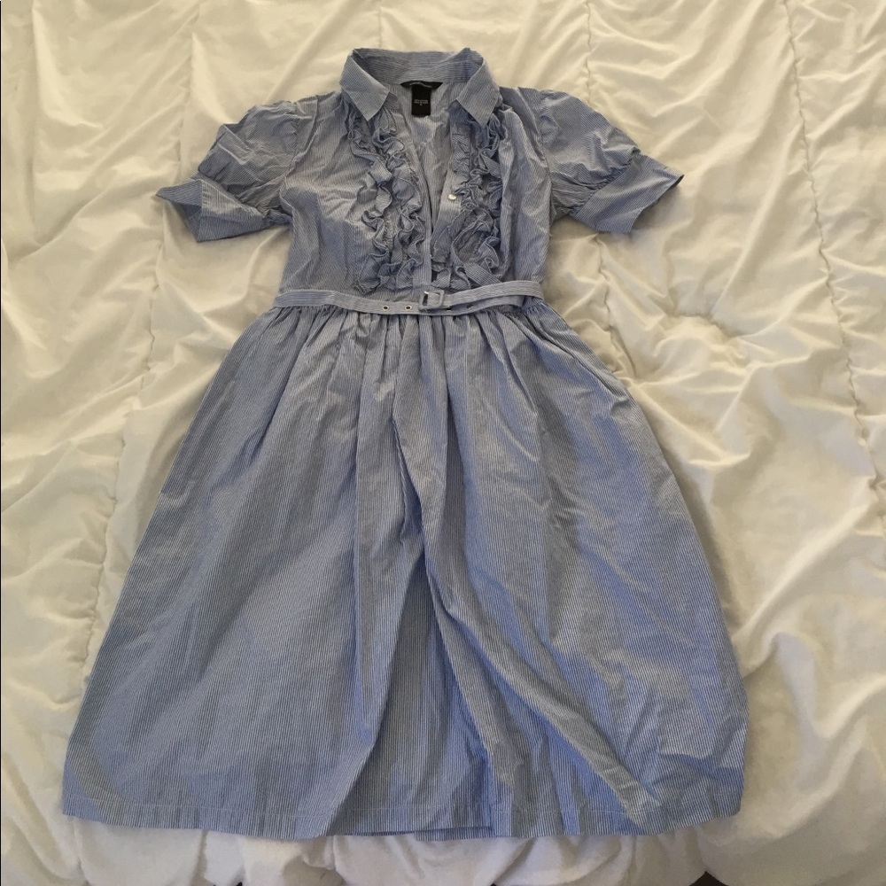 Blue & white striped ruffle front belted dress