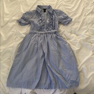 Blue & white striped ruffle front belted dress