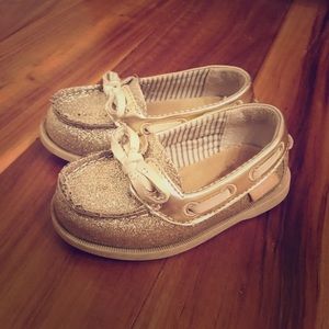 Gold sparkle boat shoes