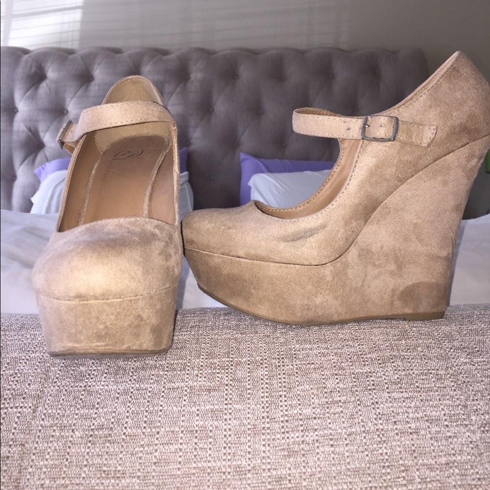 Light tan suede wedge heels